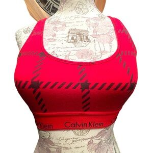 Calvin Klein Red Plaid Racerback Sports Bra S Stretch Cotton Blend Womens Active